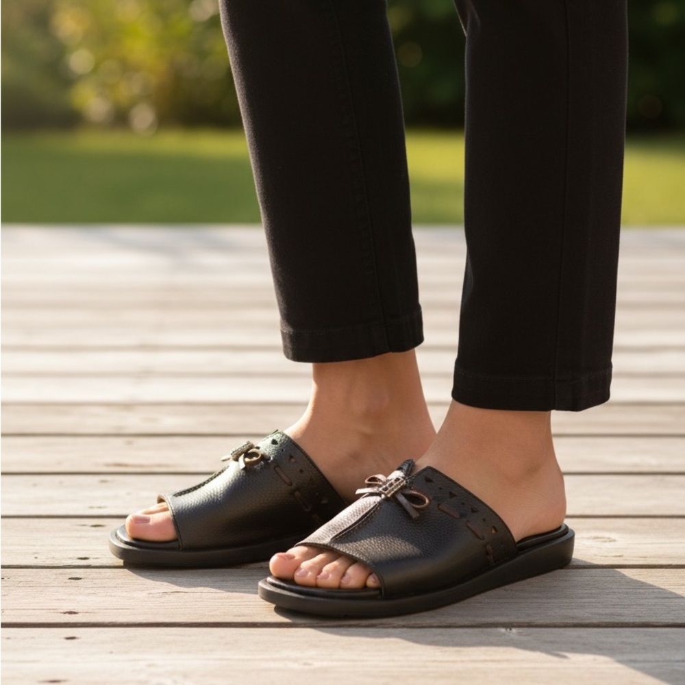 Italian Leather Black Slide Sandals with Bow Detail